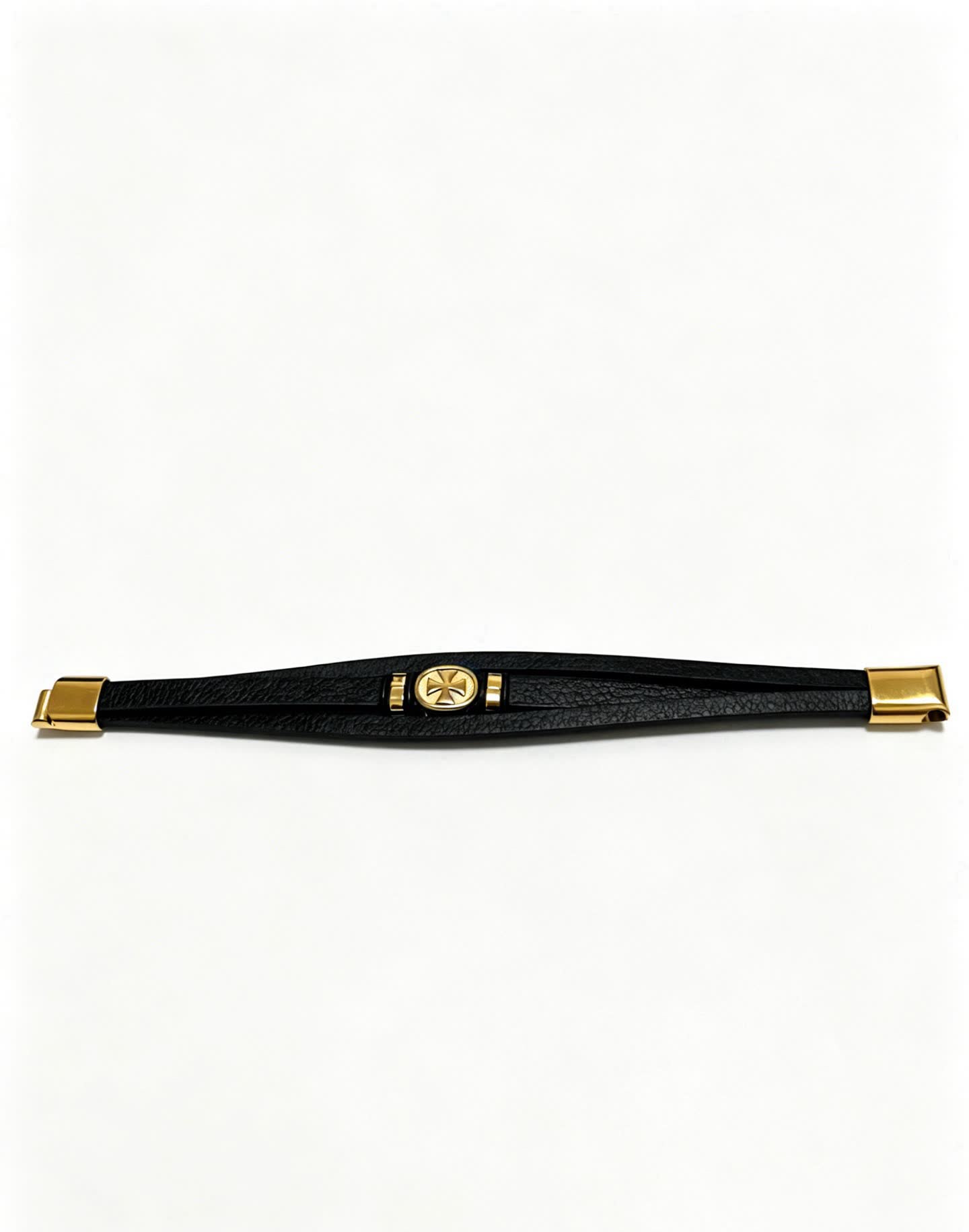 Chrome Hearts Black Leather Bracelet with Gold Cross